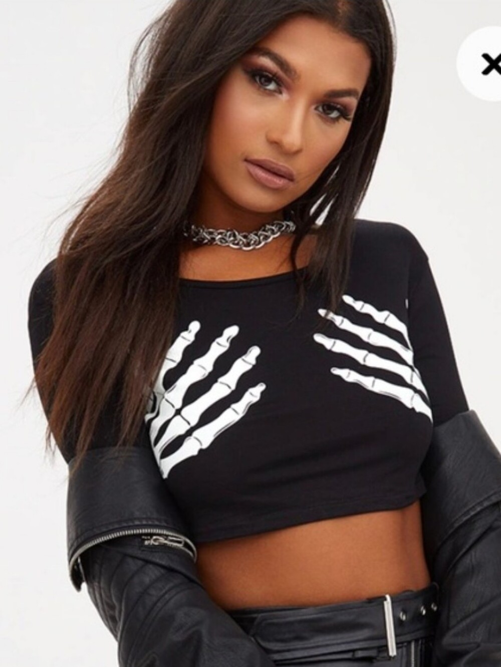 NWT PrettyLittleThing Skeleton Hands Black Crop Top Longsleeve Size 4 Halloween